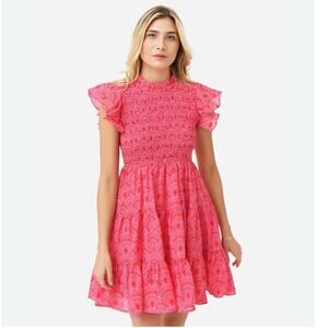 J Marie Ella Smocked Ruched Tiered Dress Small Pink Pockets Lined Retail $158
